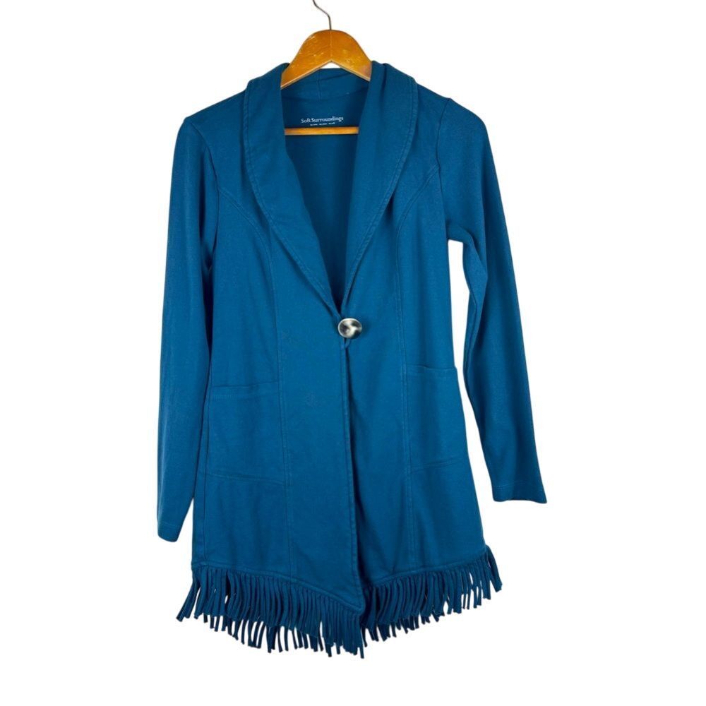 Soft Surroundings XS Teal‎ Blue Cardigan Fringe Jacket Sweater Cotton Blazer